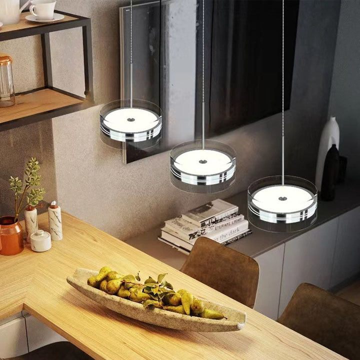 Lámpara de araña LED de isla con pantalla cilíndrica de vidrio de acero inoxidable escandinavo contemporáneo para comedor 
