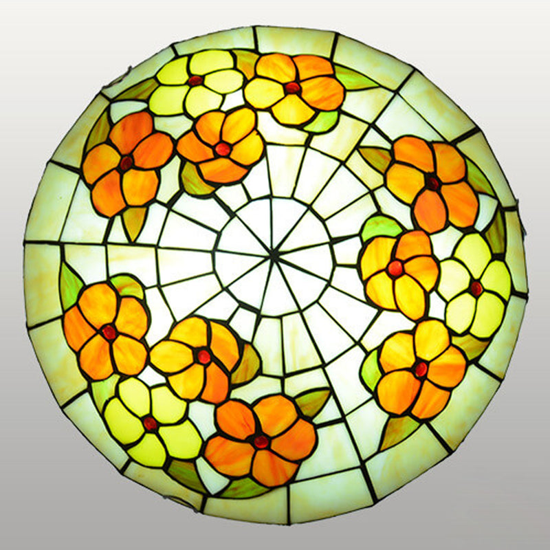 European Tiffany Round Flower Stained Glass 2/3 Light Flush Mount Ceiling Light