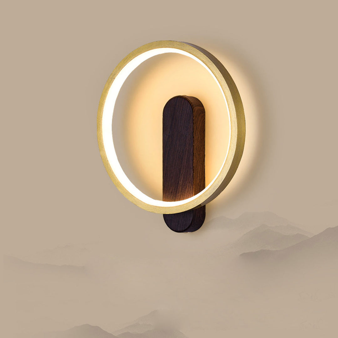 Lámpara de pared LED de hierro forjado redonda de grano de madera minimalista moderna 