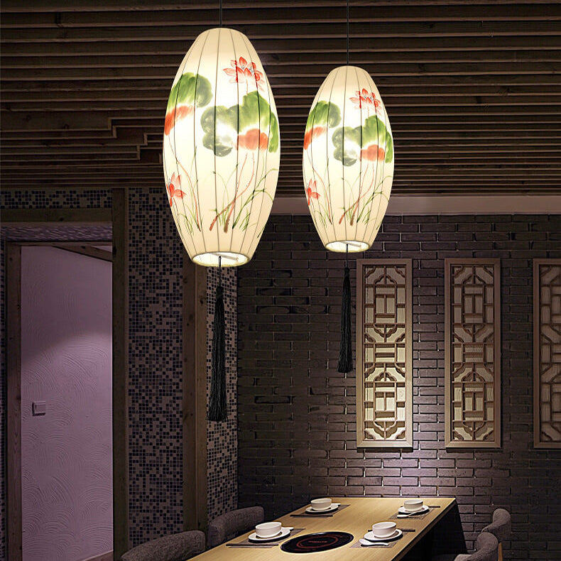 Lanterne ovale antique orientale faite à la main en tissu 1 lumière suspendue 