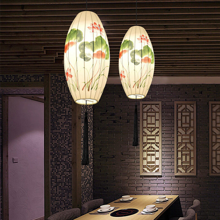 Lanterne ovale antique orientale faite à la main en tissu 1 lumière suspendue 