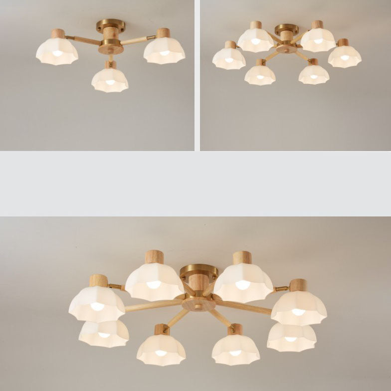 Plafón de techo tradicional japonés Wabi-sabi de madera de caucho, herrajes y vidrio de 3/6/8 luces para sala de estar 