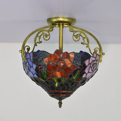 Tiffany European Stained Glass Rose Design 2-Light Semi-Flush Mount Light