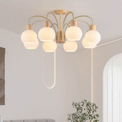 Modern Cream Round Lantern Iron Solid Wood Glass 6/8 Light Chandelier