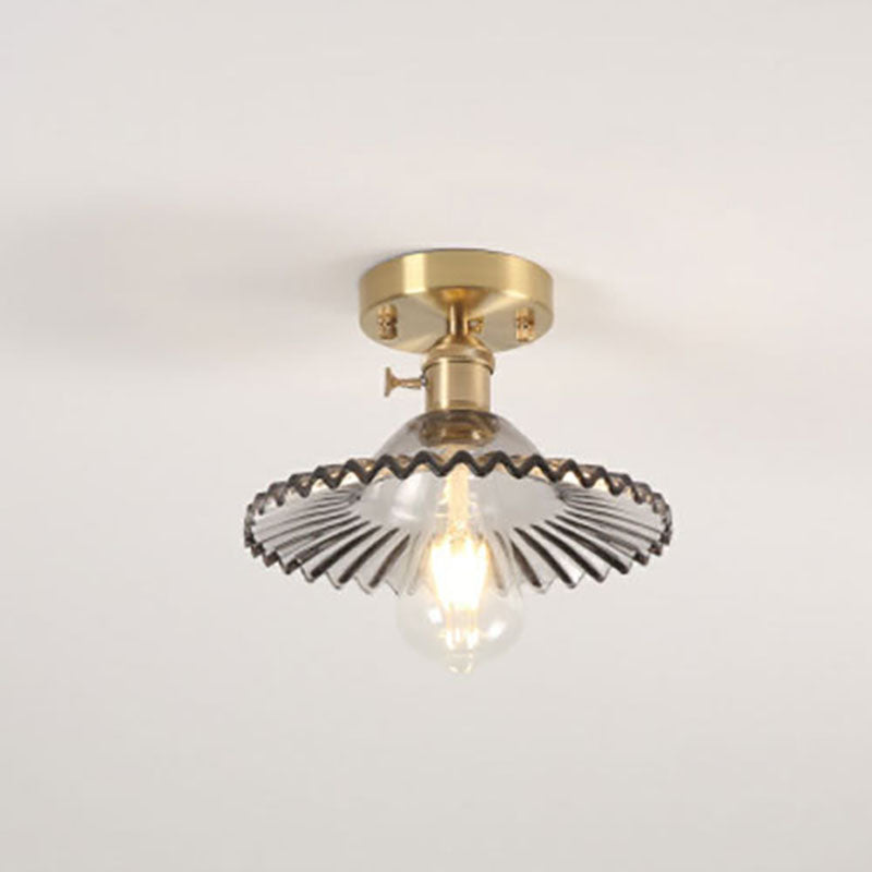 Japanese Vintage Glass Brass Lotus 1-Light Semi-Flush Mount Ceiling Light