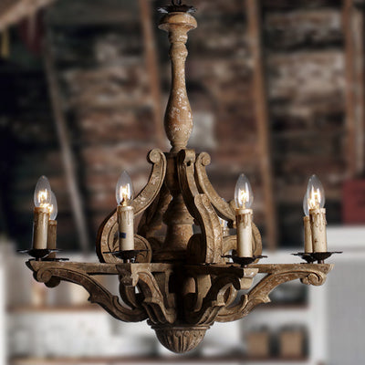 Europäischer rustikaler Vintage Kronleuchter aus Massivholz mit 6 Leuchten 