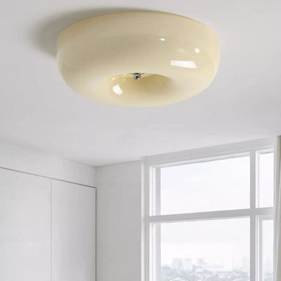 Contemporary Nordic Creamy Yellow Pudding Glass Shade Iron LED Flush Mount Ceiling Light For Living Room