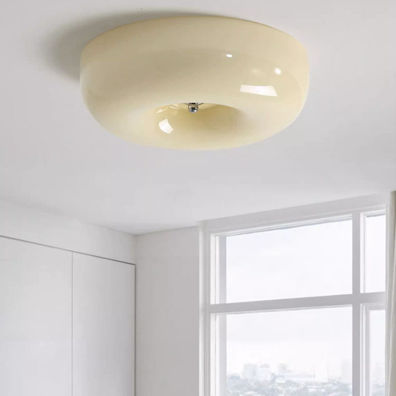 Contemporary Nordic Creamy Yellow Pudding Glass Shade Iron LED Flush Mount Ceiling Light For Living Room