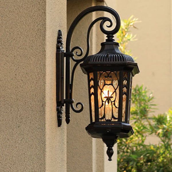 European Outdoor Carved Cage Aluminum Glass 1-Light Wall Sconce Lamp