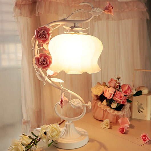 Vintage Romantic Pink Glass Ceramics Roses 1-Light Table Lamp