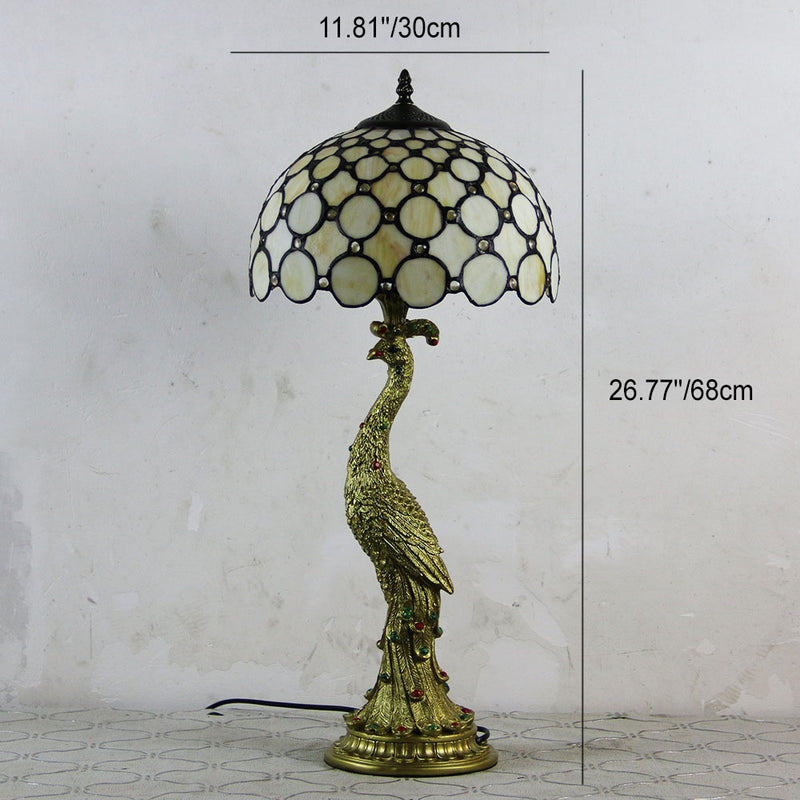 Vintage Tiffany Peacock Gem Dome Glass Resin 1-Light Table Lamp