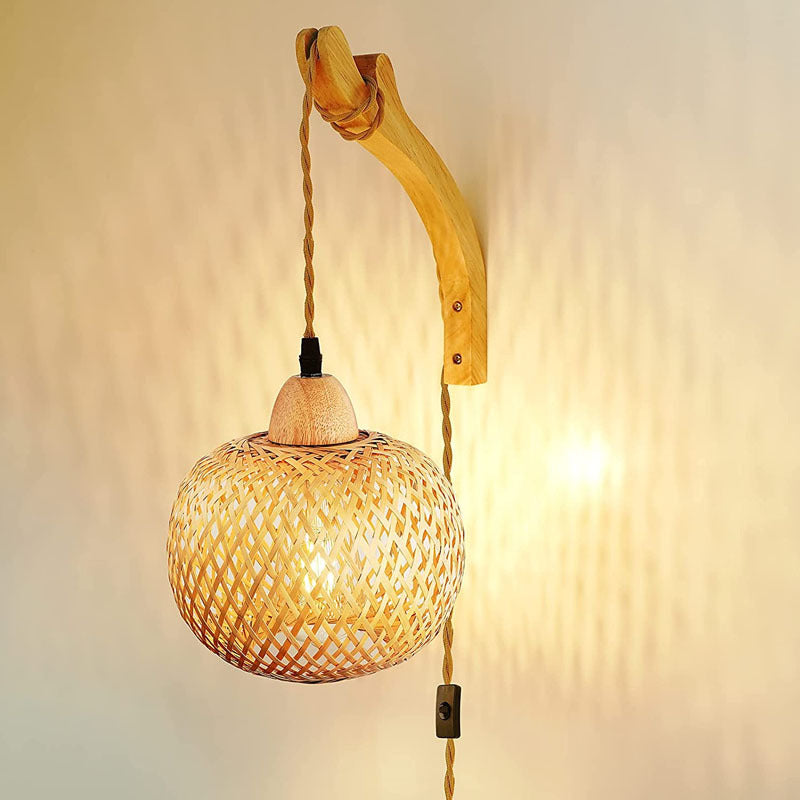 Japanese Vintage Round Head Rattan Weaving 1-Light Wall Sconce Lamp