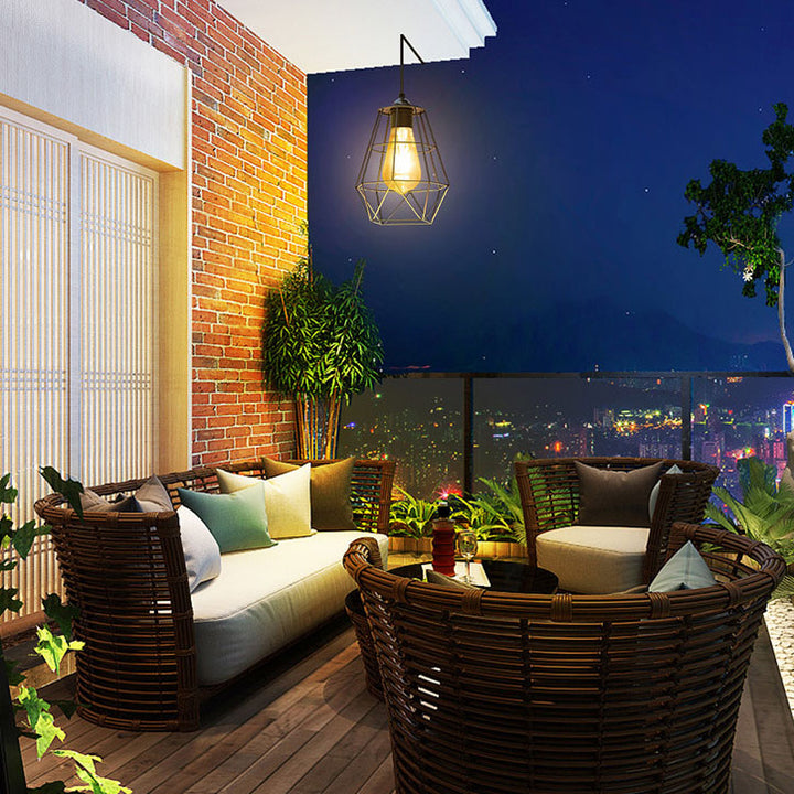 Lámpara colgante LED solar de exterior para patio, con diseño moderno minimalista de jaula geométrica en acero inoxidable y ABS 