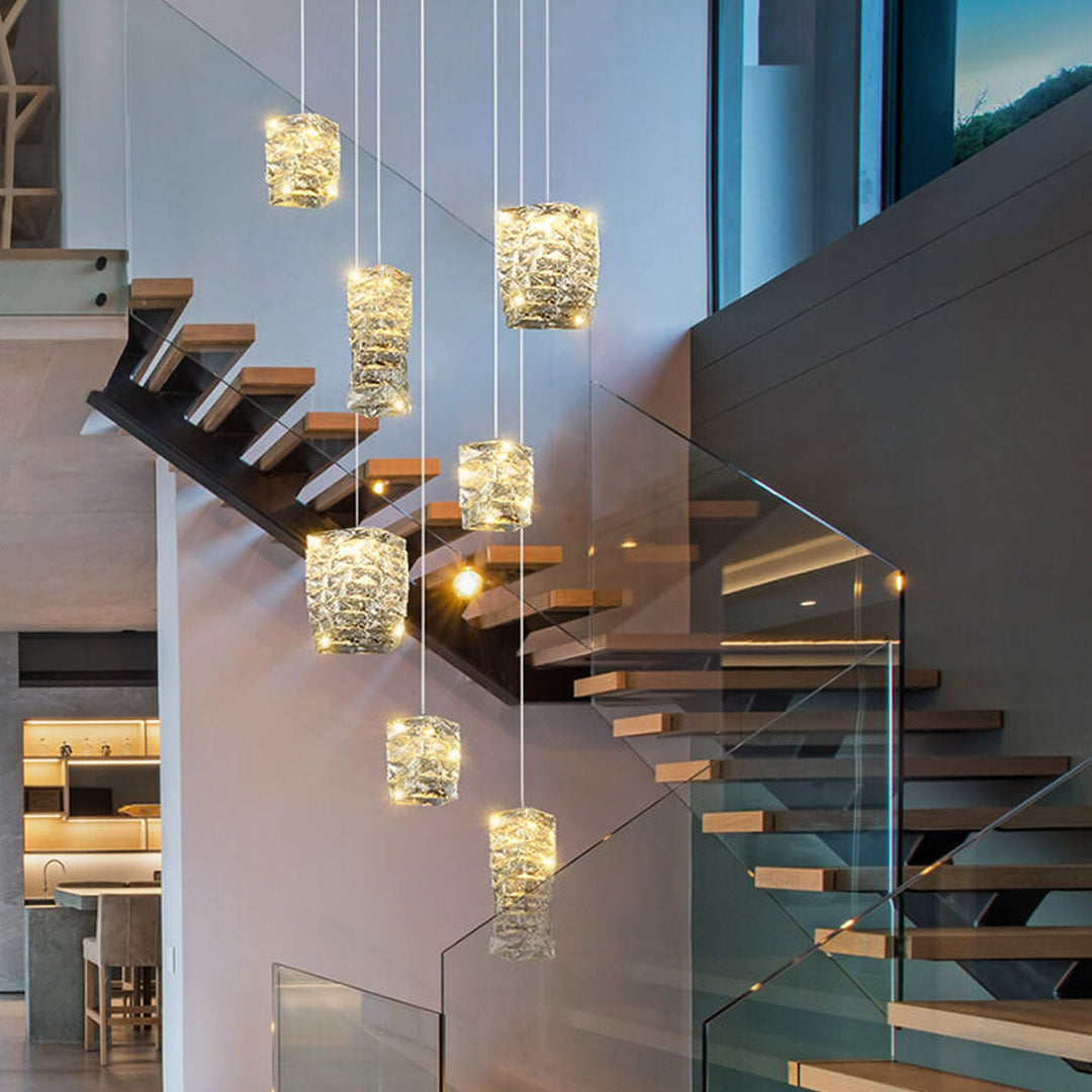 Moderne Luxus Kristallsäule Edelstahl LED Pendelleuchte 