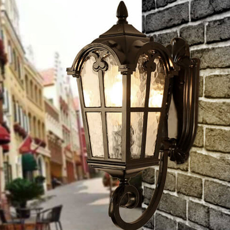 European Retro Glass Aluminum Lantern Outdoor Waterproof 1-Light Wall Sconce Lamp
