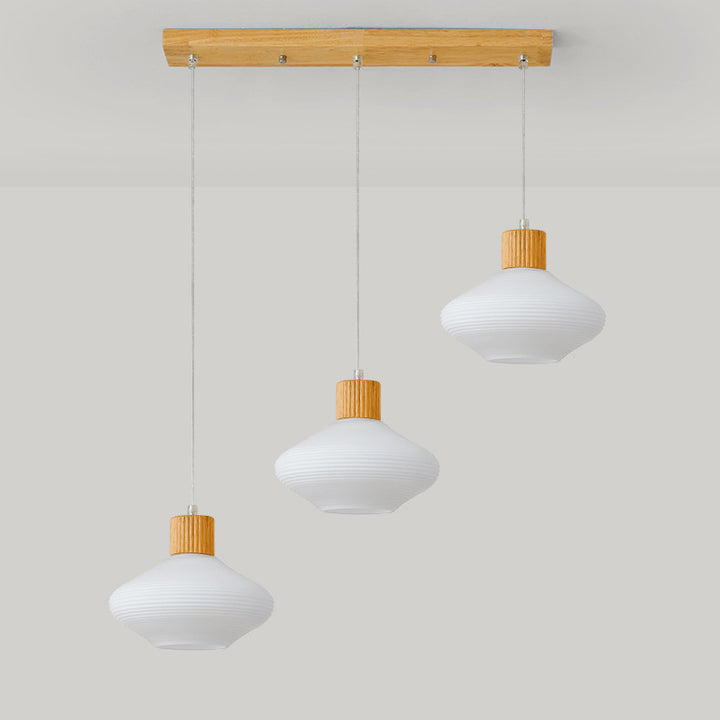 Moderne minimalistische ovale Inselleuchte aus Glas, Gummibaumholz und Metall, 1/3-flammiger Kronleuchter für das Esszimmer 