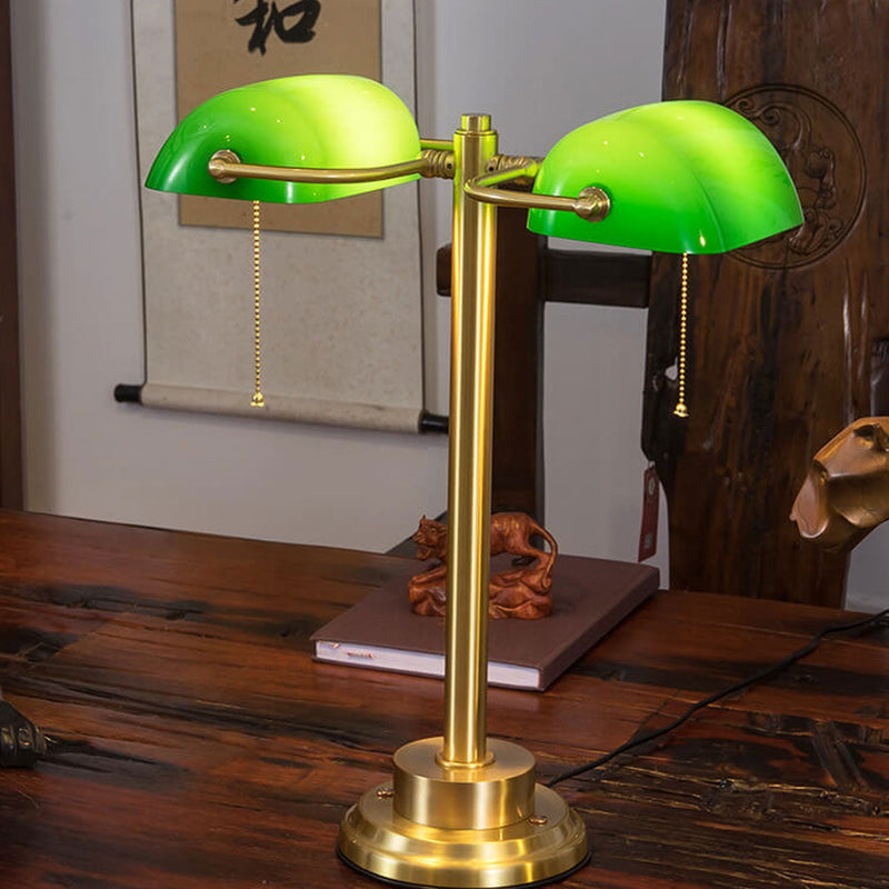 Vintage Green All Brass 2-Light Bank Pull Cord Touch Table Lamp