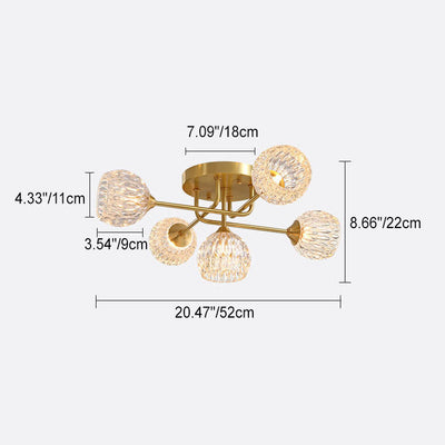 Plafonnier semi-encastré à 5 lumières en verre cristal rond en cuivre de style moderne du milieu du siècle 