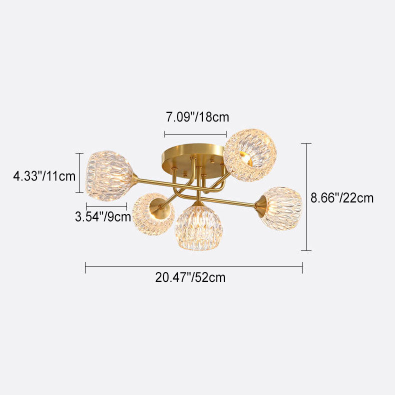 Plafonnier semi-encastré à 5 lumières en verre cristal rond en cuivre de style moderne du milieu du siècle 