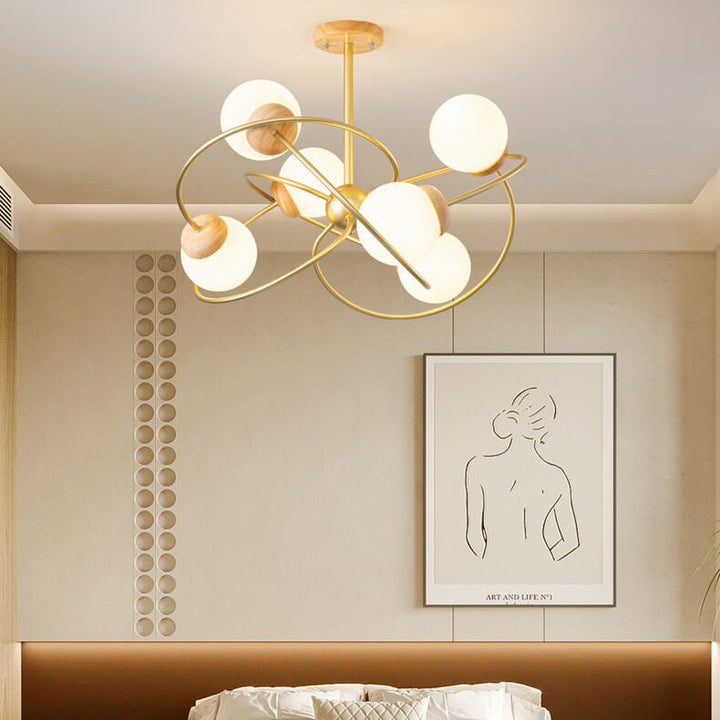 Moderner minimalistischer Orb Rubberwood Glas 4/6-Licht Insel Licht Kronleuchter 
