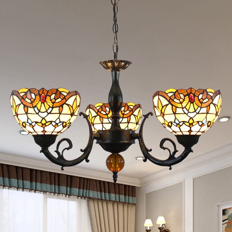 Vintage Tiffany Baroque Stained Glass 3-Light Chandelier
