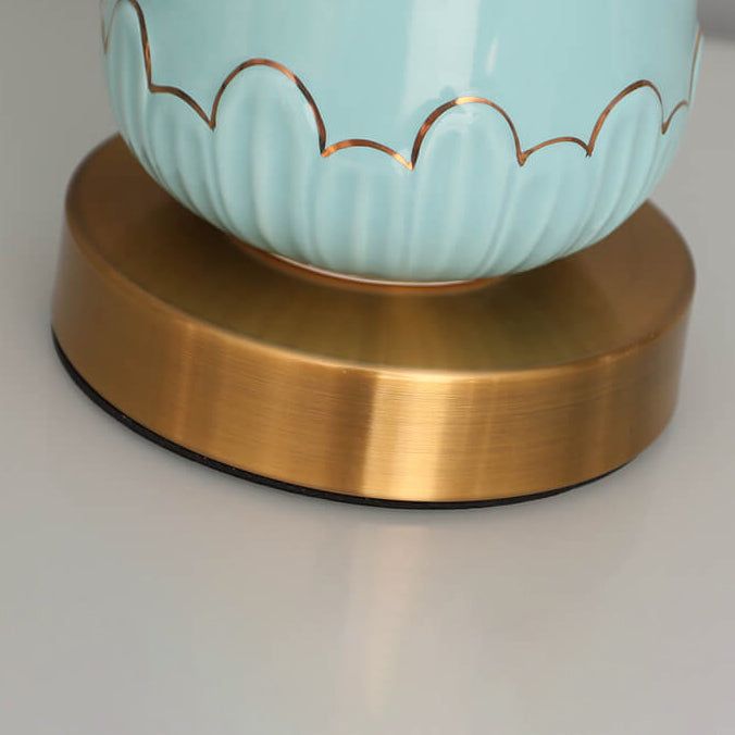 Lámpara de mesa de 1 luz con base de jarrón minimalista moderno redonda trapezoidal de cerámica, metal y tela para dormitorio 
