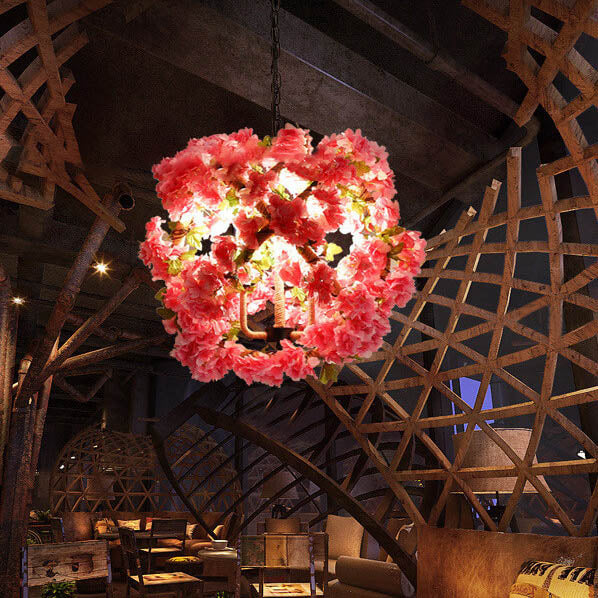 Industrial Vintage Simulation Of Greenery Cherry Blossoms Iron Hemp Rope 3-Light Chandelier