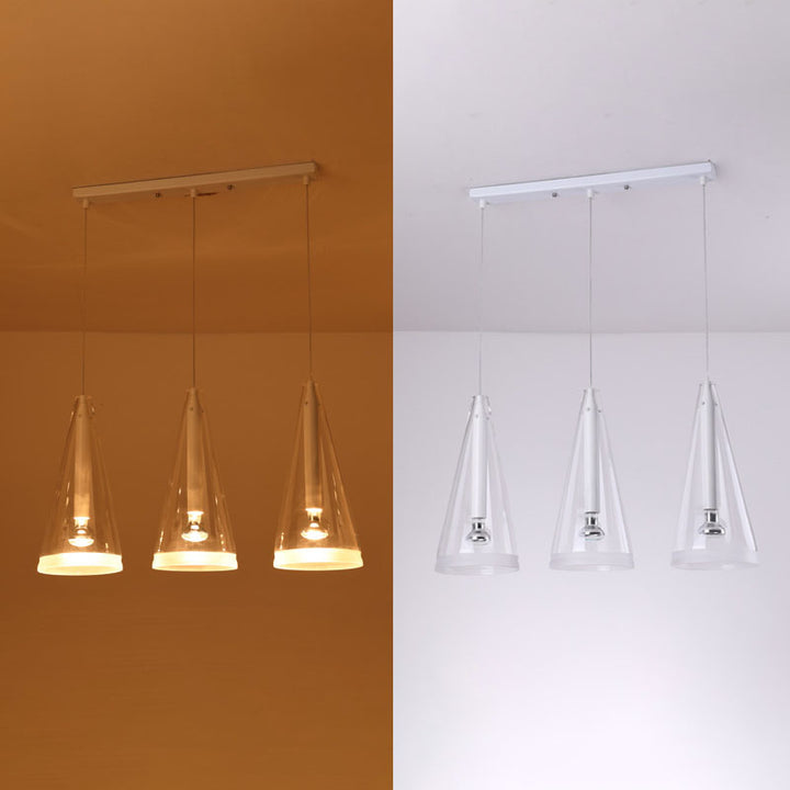 Lustre de cuisine moderne minimaliste blanc pur en verre transparent en forme de cône avec 1/3 lumières 