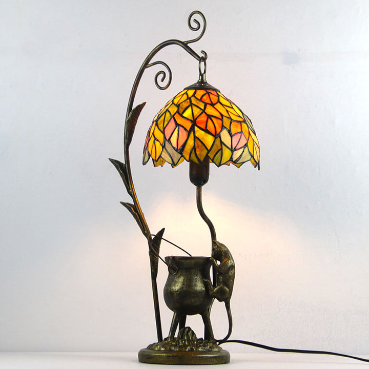 Lampe de table vintage à 1 lumière avec base de souris en vitrail Tiffany Dome 