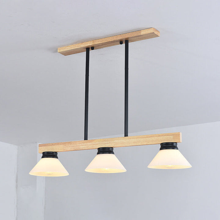 Lámpara de Araña de Isla de 3/4 Luces con Pantalla de Vidrio Cónica de Madera Maciza Nórdica 