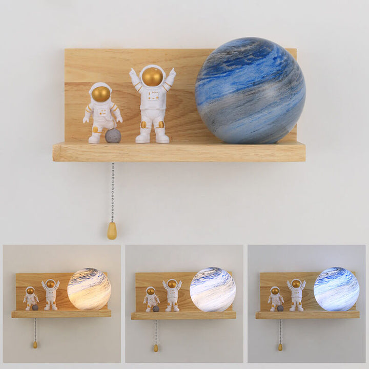 Contemporary Creative Planet Glass Solid Wood Square Base 1-Light Wall Sconce Lamp for Bedroom Living Room