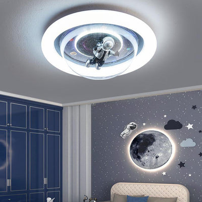 Contemporary Creative Cartoon Planet Resin Astronaut Acrylic Round Shade LED Kids Flush Mount Ceiling Light For Bedroom