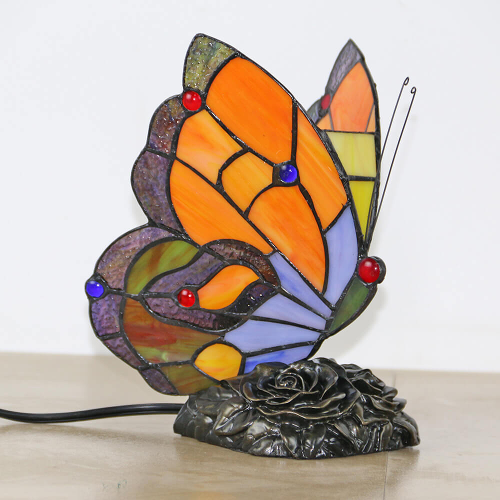 Traditionelle Tiffany-Glas-Harz-Schmetterlingsform Nachtlicht 1-flammige Tischlampe für Schlafzimmer &amp; Wohnzimmer 