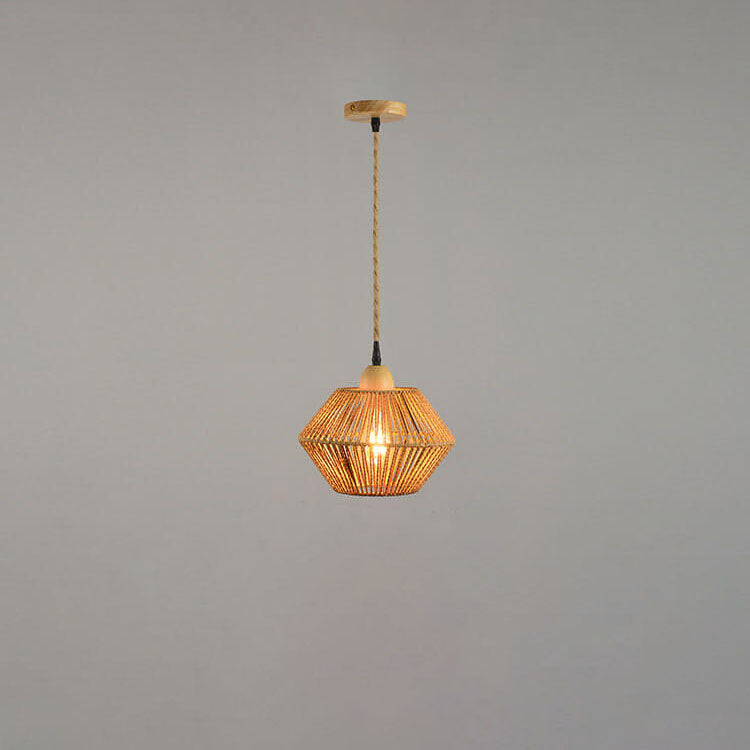 Traditional Vintage Solid Wood Rope Weaving Lantern Cage Wood 1-Light Pendant Ceiling Light for Living Room