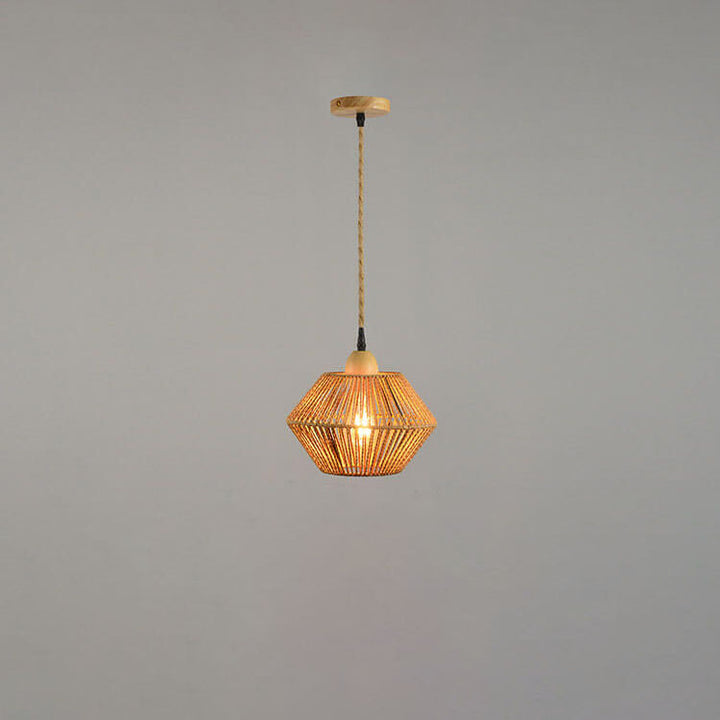 Traditional Vintage Solid Wood Rope Weaving Lantern Cage Wood 1-Light Pendant Ceiling Light for Living Room