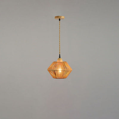 Vintage Simple Rope Weaving Lantern Cage Wood 1-Light Pendant Ceiling Light