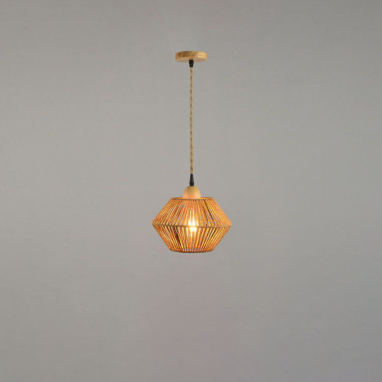 Vintage Simple Rope Weaving Lantern Cage Wood 1-Light Pendant Ceiling Light