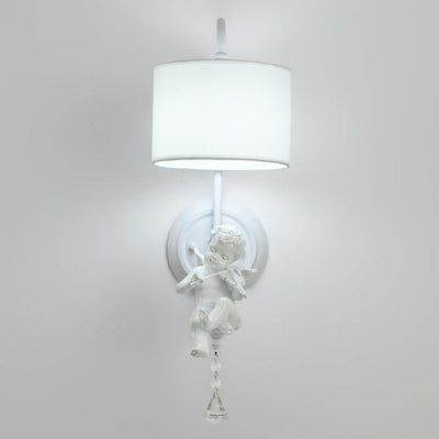 French Cream Angel Iron Crystal Resin Fabric 1-Light Wall Sconce Lamp