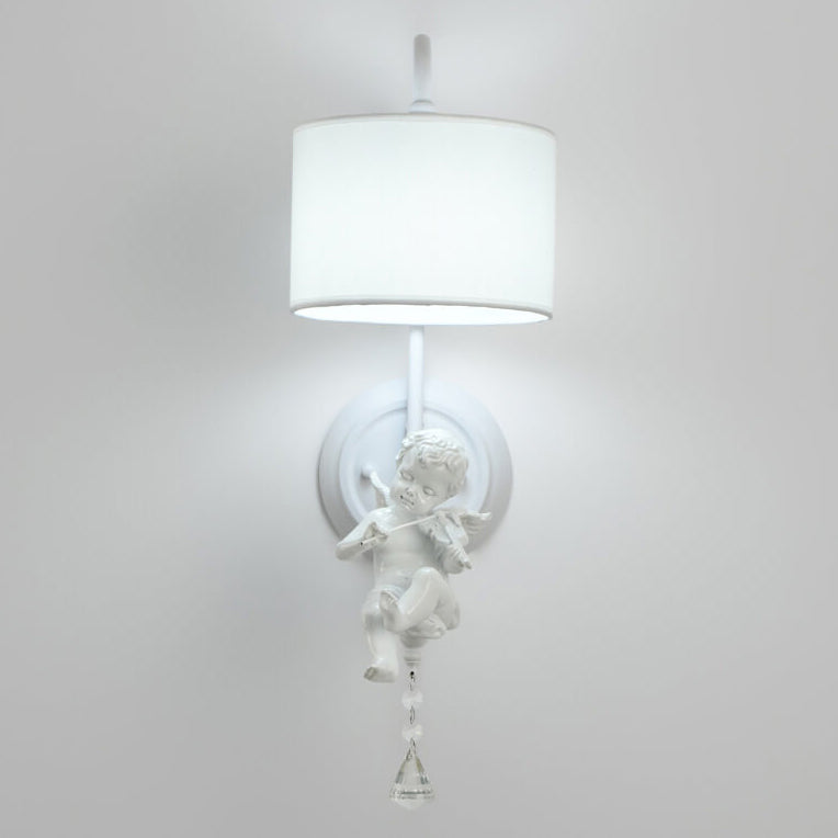 French Cream Angel Iron Crystal Resin Fabric 1-Light Wall Sconce Lamp