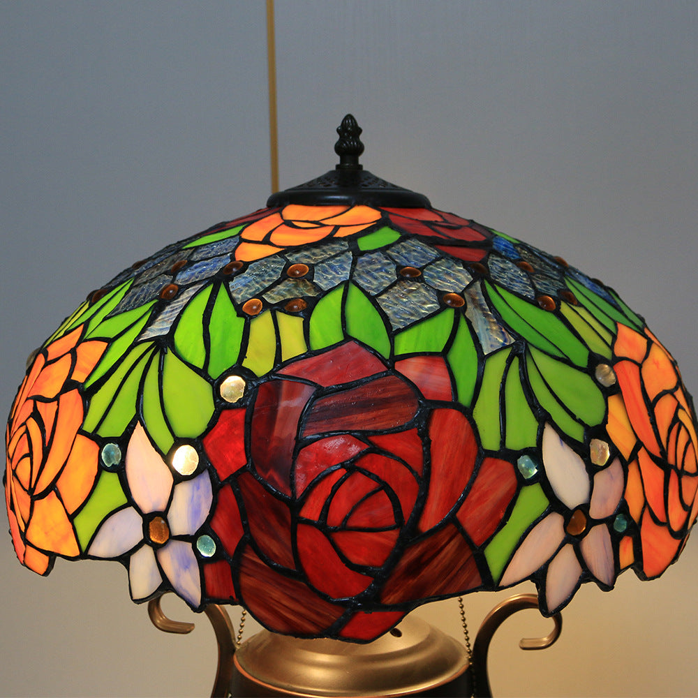 Traditional Tiffany Floral Stained Glass Iron Resin Round Pot 3-Light Table Lamp For Bedroom