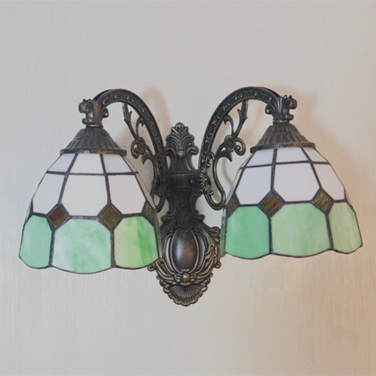 Vintage Tiffany Dome Stained Glass 2-Light Wall Sconce Lamp