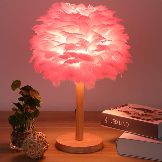 Lampe de table moderne et créative à 1 lumière en bois massif avec plumes décoratives 