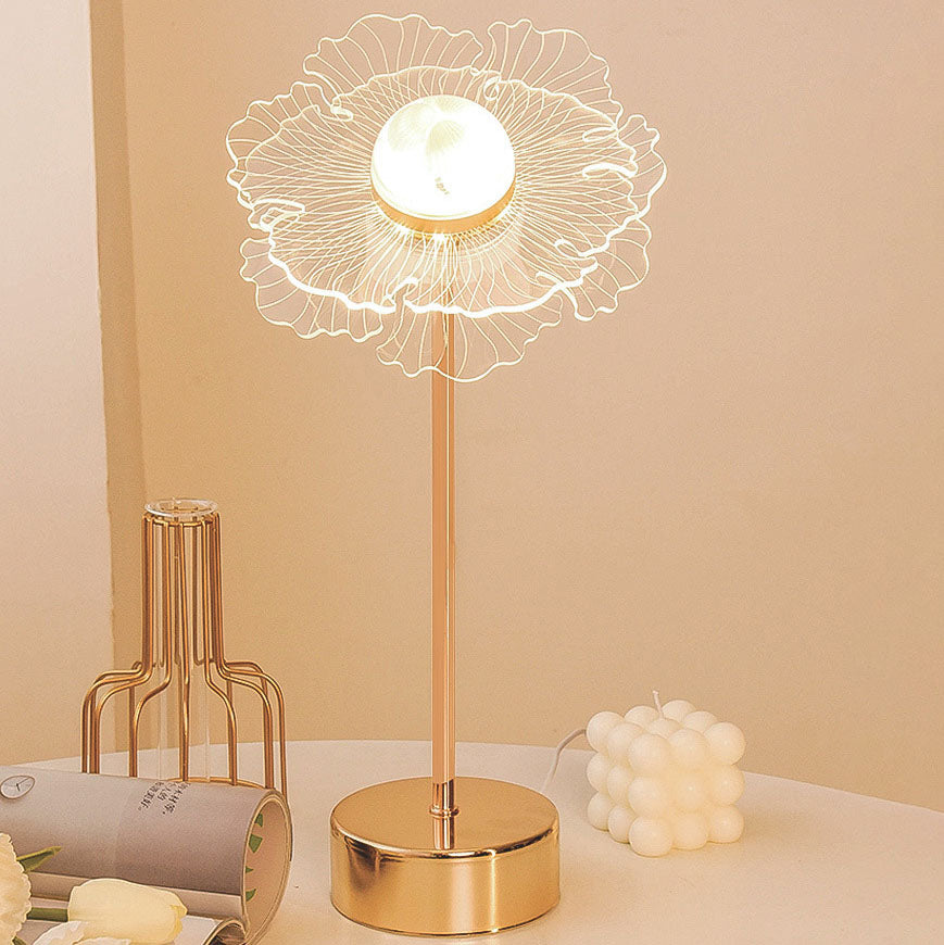 Moderne minimalistische LED-Tischlampe aus Acryl mit Blumen- und Schmetterlingsmotiv in Gold für das Schlafzimmer 