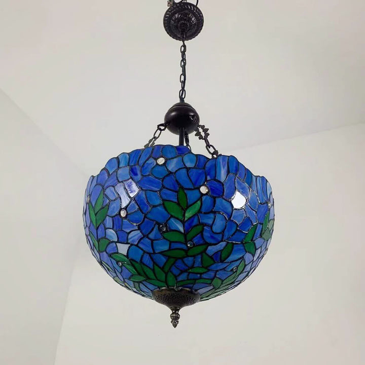 Lámpara de araña redonda de 3 luces de estilo vintage tradicional Tiffany con herrajes y vidrio teñido violeta 