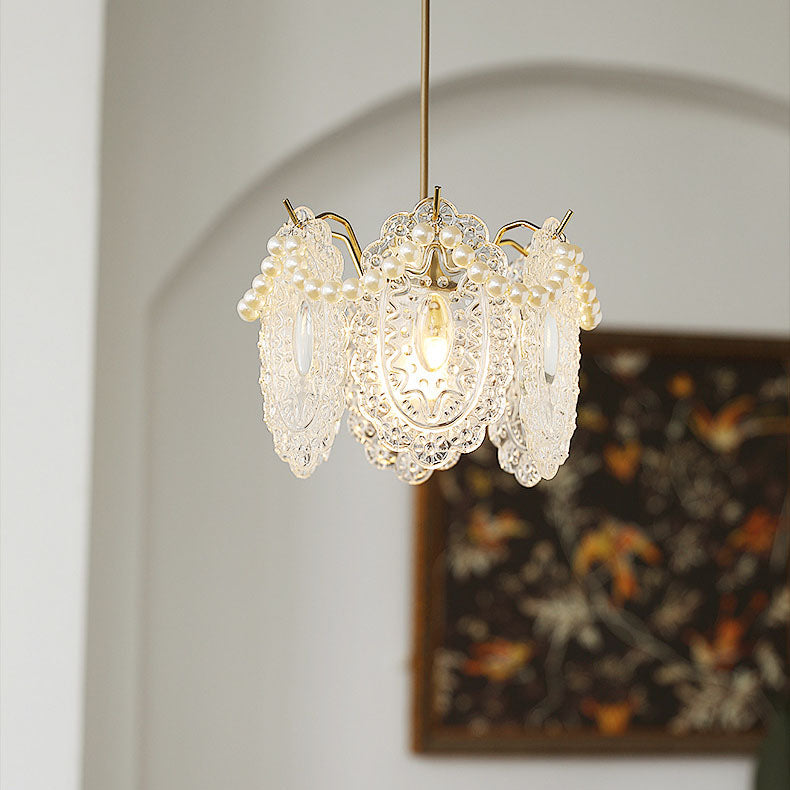 Traditional French Feather Pearl Petal Hardware Glass 1-Light Pendant Light For Bedroom