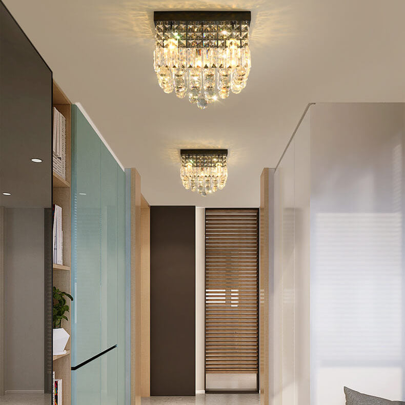 Traditional European Square Crystal Beaded Curtain 4-Light Flush Mount Ceiling Light For Living Room