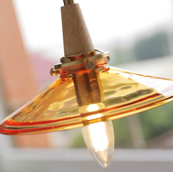 Lustre suspendu vintage en verre orange avec cône et bois massif à 1 ampoule 