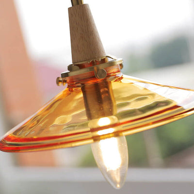Vintage Orange Glass Cone Solid Wood 1-Light Pendant Light
