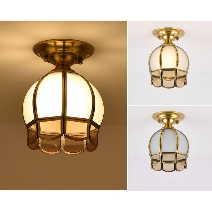 Traditionelle halbhohe 1-flammige Deckenleuchte aus Kupfer und Glas in Kegelform im europäischen Stil für Wohnzimmer &amp; Schlafzimmer 
