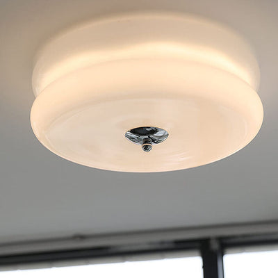 French Minimalist Cream Glass Round LED Flush Mount Ceiling Light